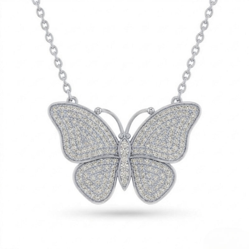 White Gold Round Brilliant Virelle Diamond Butterfly Pendant Necklace With Pavé Setting