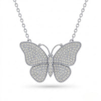 White Gold Round Brilliant Virelle Diamond Butterfly Pendant Necklace With Pavé Setting