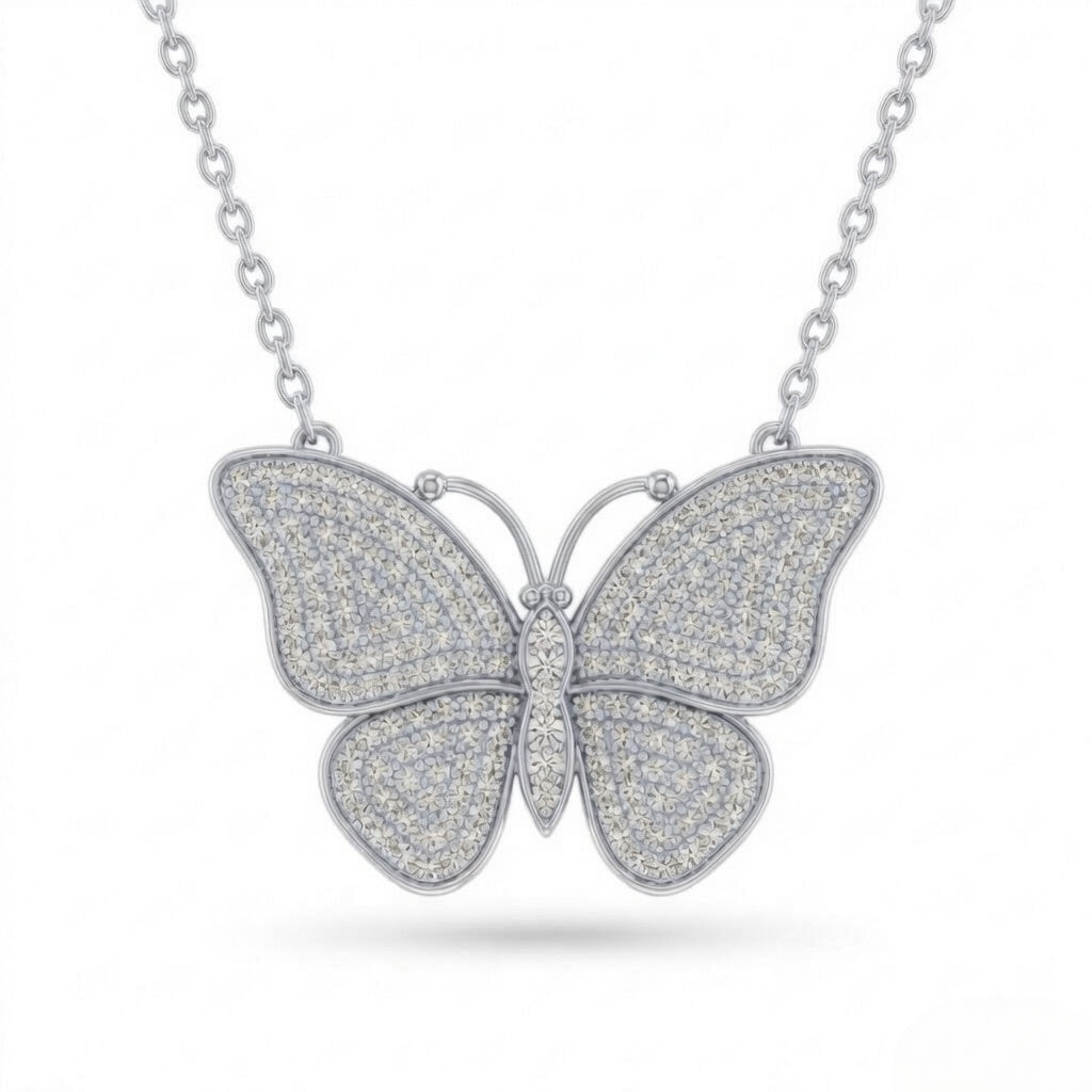 Silver Round Brilliant Virelle Diamond Butterfly Pendant Necklace With Pavé Setting
