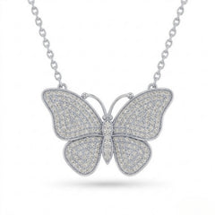 Silver Round Brilliant Virelle Diamond Butterfly Pendant Necklace With Pavé Setting