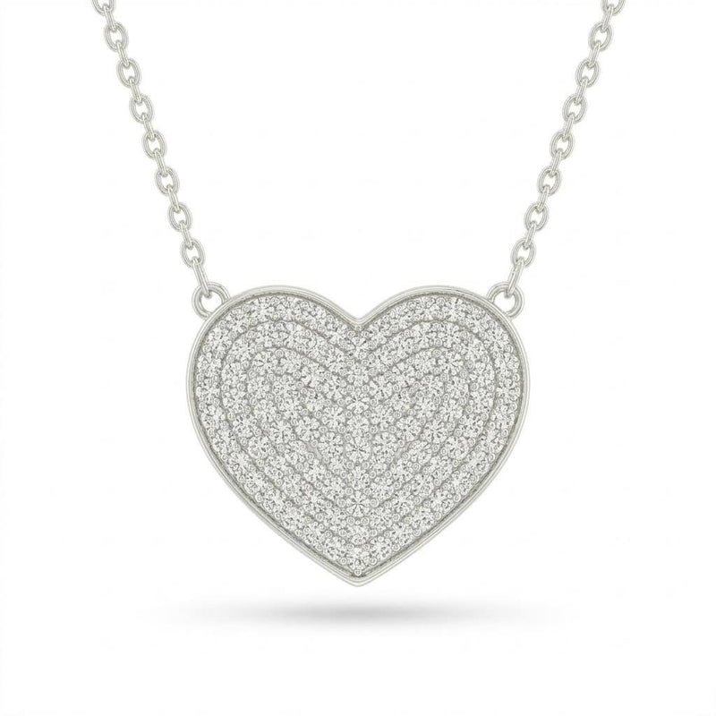 Silver Round Brilliant Amora Diamond Heart Pendant Necklace With Pavé Setting
