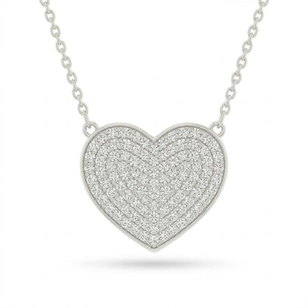 Silver Round Brilliant Amora Diamond Heart Pendant Necklace With Pavé Setting
