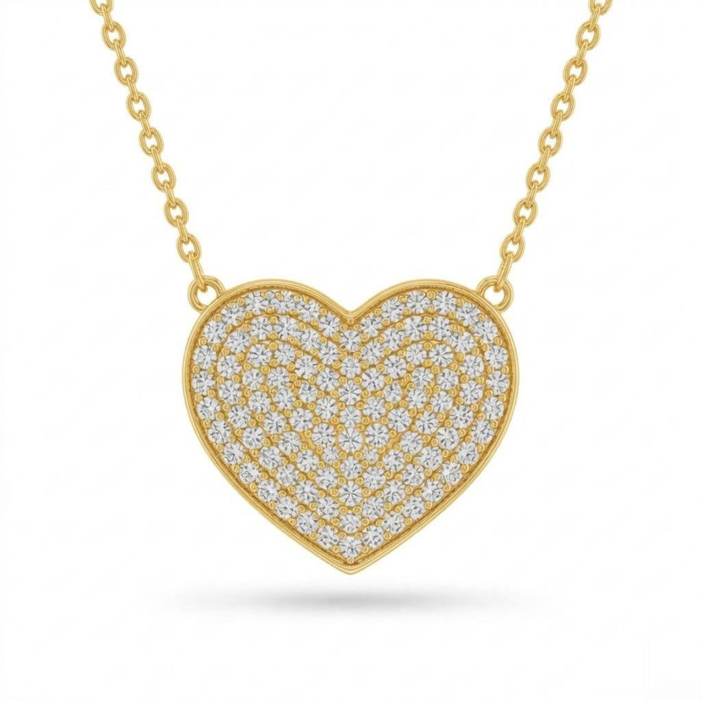 Yellow Gold Round Brilliant Amora Diamond Heart Pendant Necklace With Pavé Setting