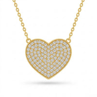 Yellow Gold Round Brilliant Amora Diamond Heart Pendant Necklace With Pavé Setting