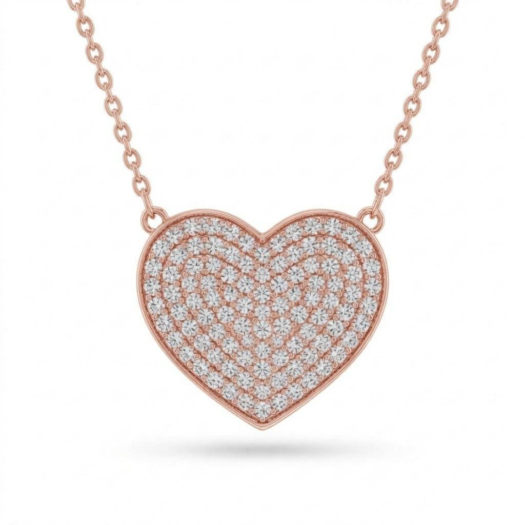 Rose Gold Round Brilliant Amora Diamond Heart Pendant Necklace With Pavé Setting