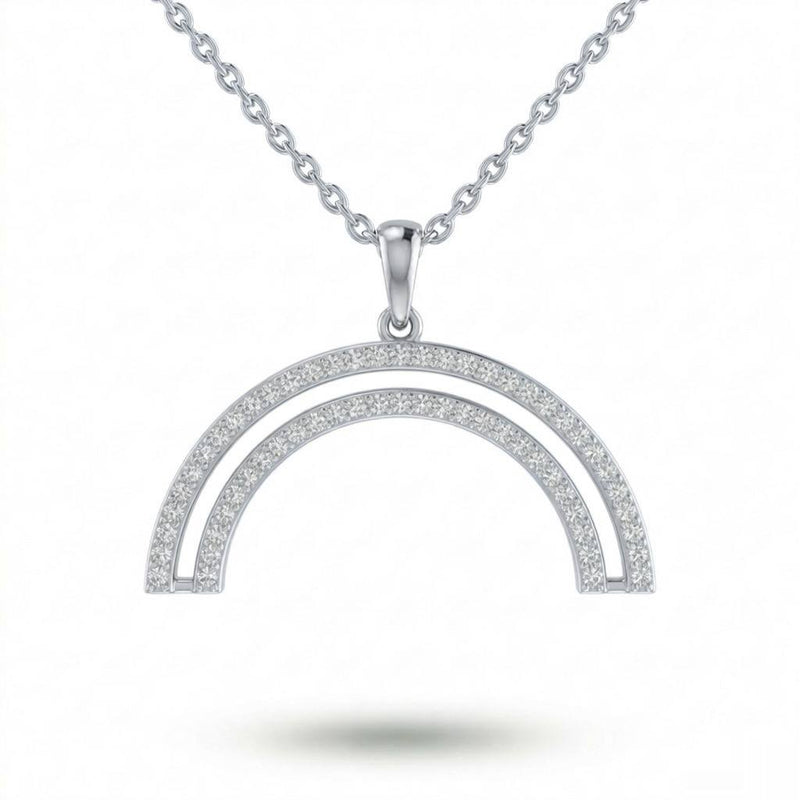 Silver Round Brilliant Arclis Diamond Double Arc Rainbow Pendant Necklace With Pavé Setting