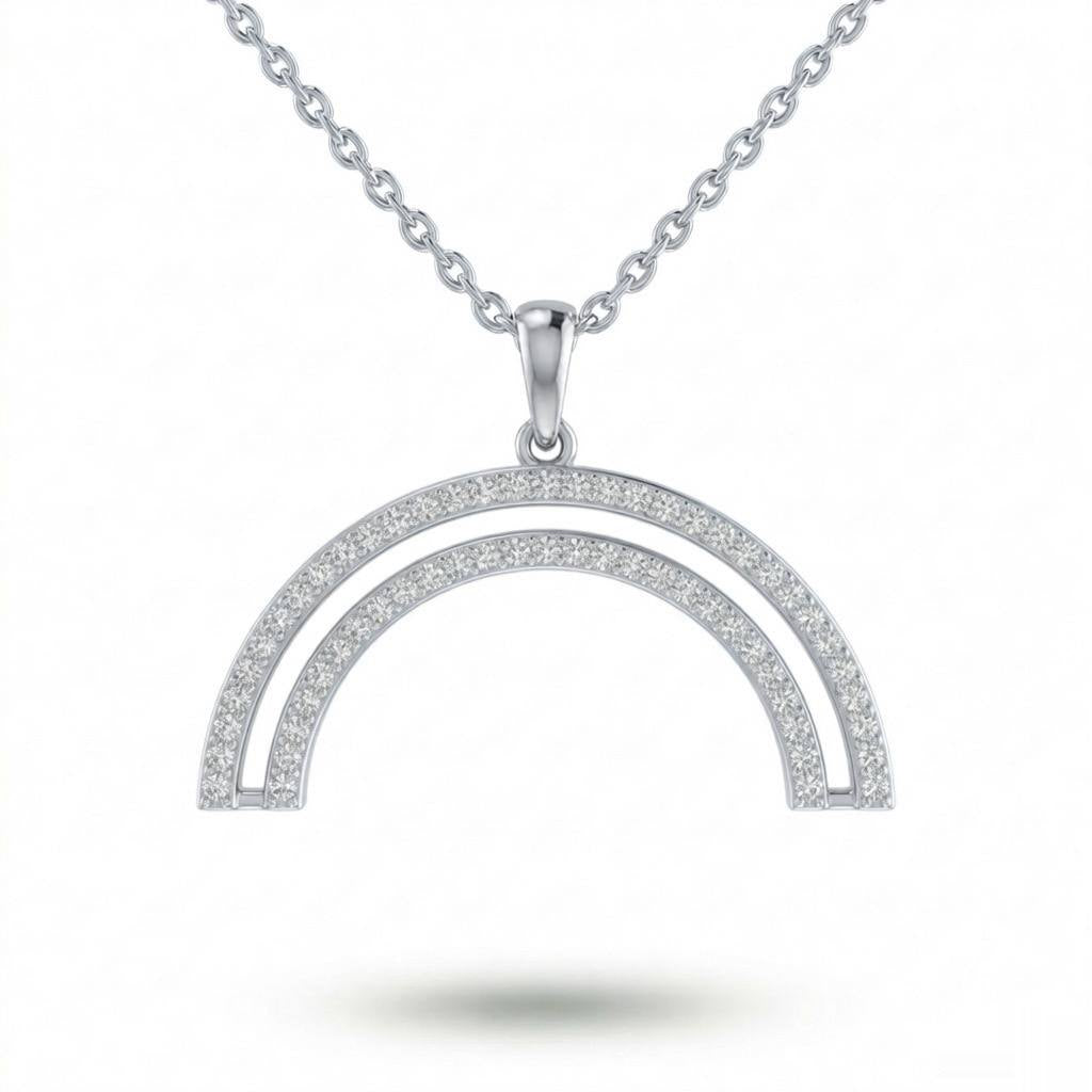 Silver Round Brilliant Arclis Diamond Double Arc Rainbow Pendant Necklace With Pavé Setting
