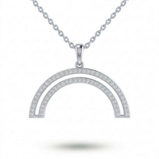 Silver Round Brilliant Arclis Diamond Double Arc Rainbow Pendant Necklace With Pavé Setting