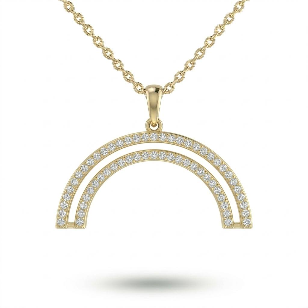 Yellow Gold Round Brilliant Arclis Diamond Double Arc Rainbow Pendant Necklace With Pavé Setting