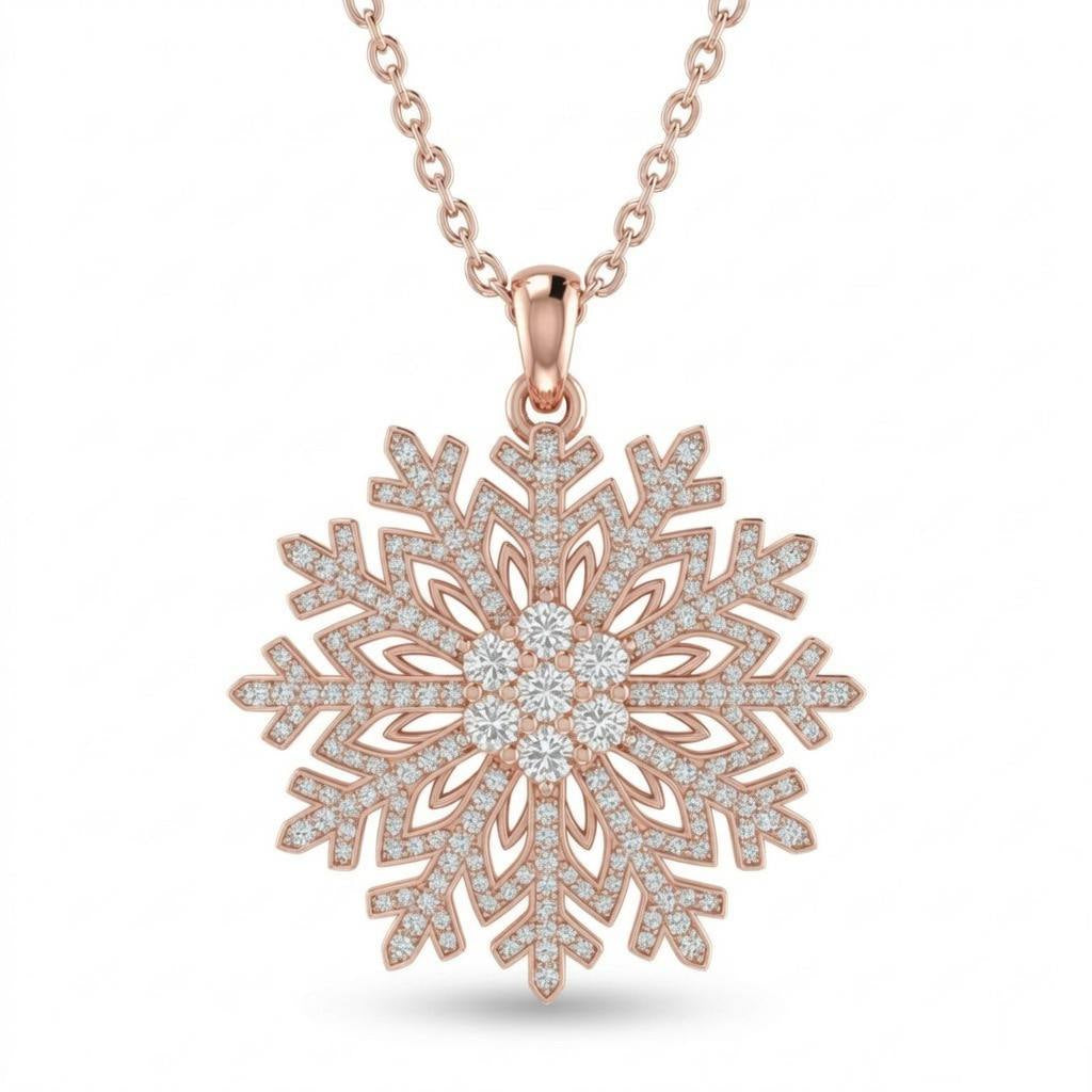 Rose Gold Round Brilliant Frostelle Diamond Snowflake Pendant Necklace With Pavé Setting