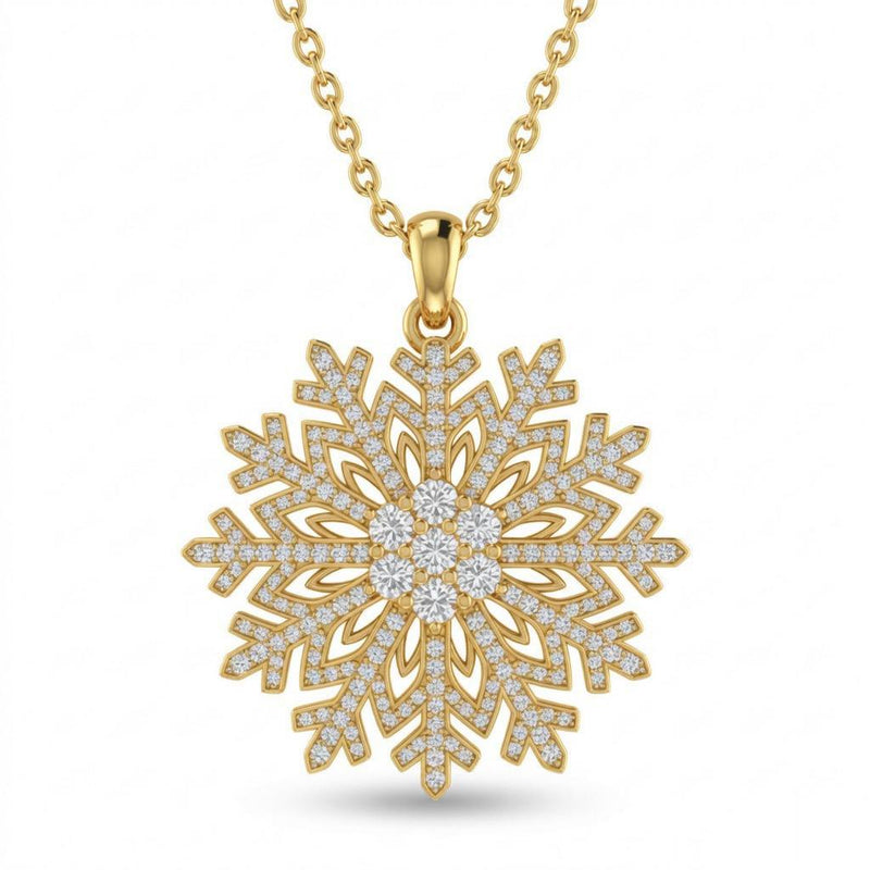 Yellow Gold Round Brilliant Frostelle Diamond Snowflake Pendant Necklace With Pavé Setting
