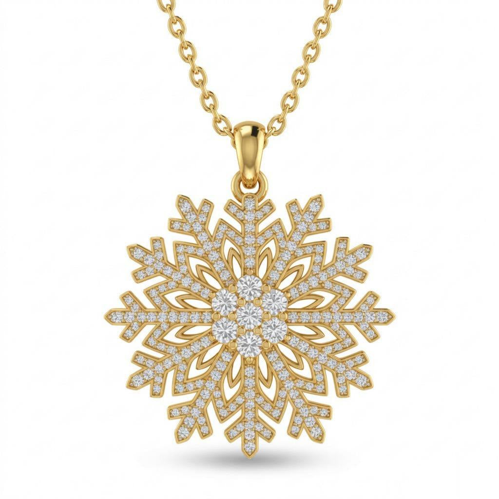 Yellow Gold Round Brilliant Frostelle Diamond Snowflake Pendant Necklace With Pavé Setting