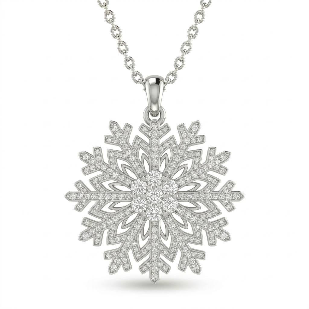White Gold Round Brilliant Frostelle Diamond Snowflake Pendant Necklace With Pavé Setting