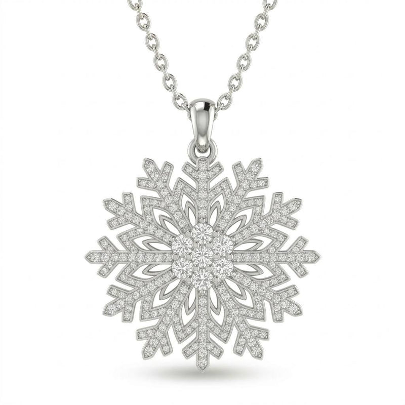 Silver Round Brilliant Frostelle Diamond Snowflake Pendant Necklace With Pavé Setting