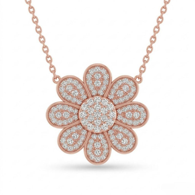 Rose Gold Round Brilliant Luminara Diamond Lotus Flower Pendant Necklace With Pavé Setting