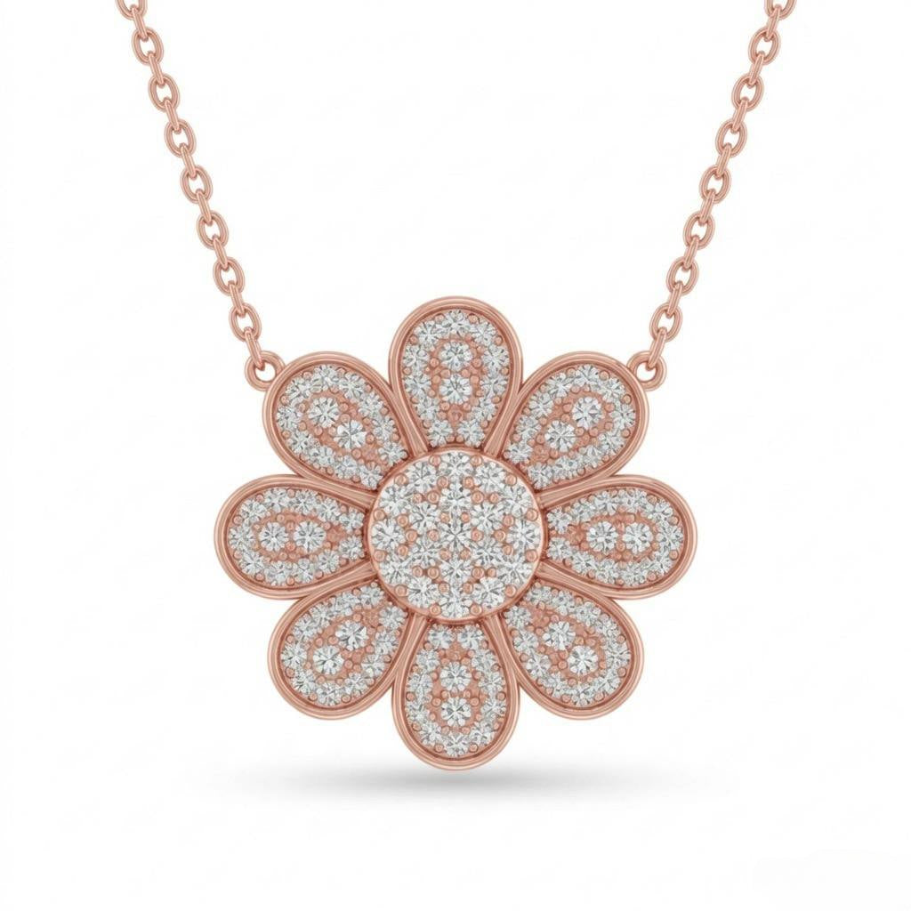 Rose Gold Round Brilliant Luminara Diamond Lotus Flower Pendant Necklace With Pavé Setting