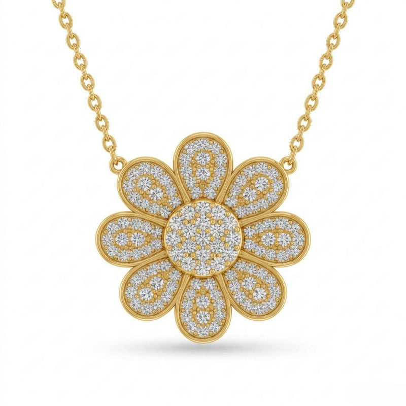 Yellow Gold Round Brilliant Luminara Diamond Lotus Flower Pendant Necklace With Pavé Setting