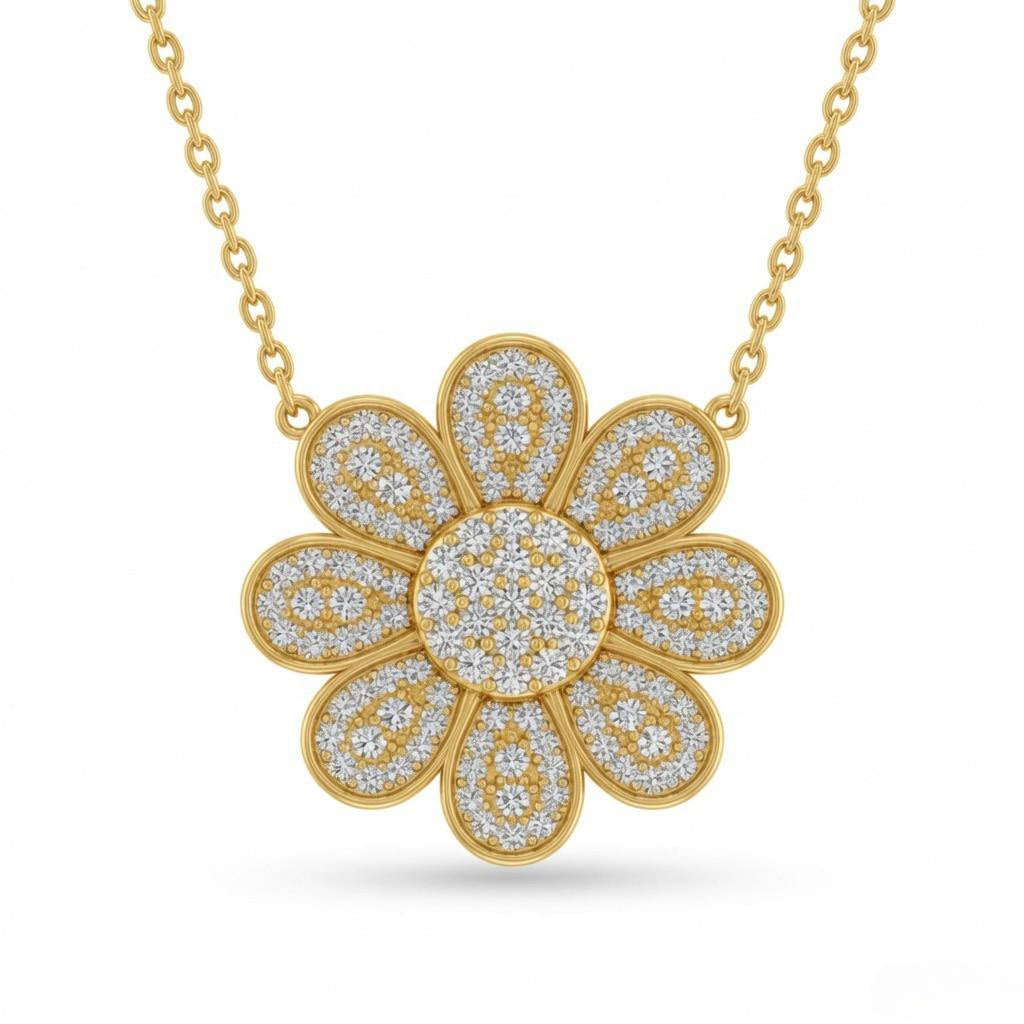 Yellow Gold Round Brilliant Luminara Diamond Lotus Flower Pendant Necklace With Pavé Setting