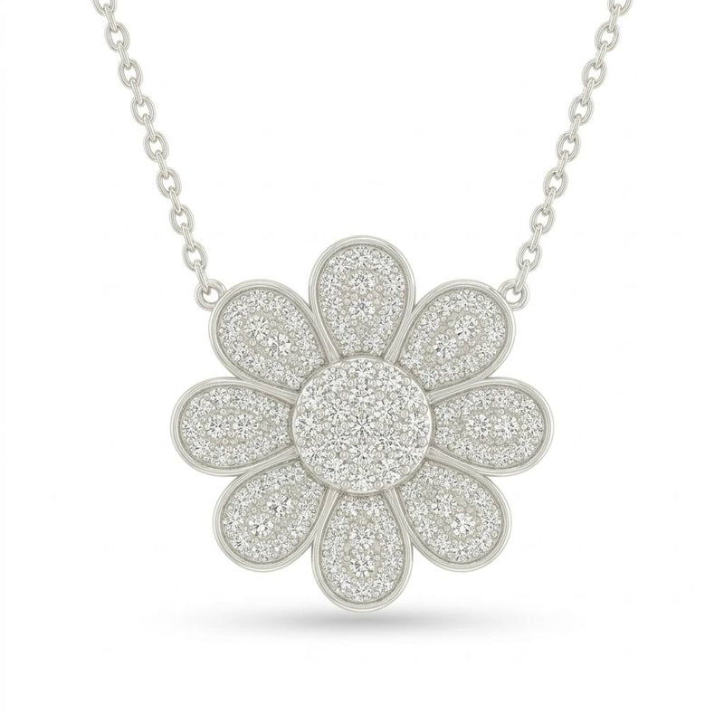 Silver Round Brilliant Luminara Diamond Lotus Flower Pendant Necklace With Pavé Setting