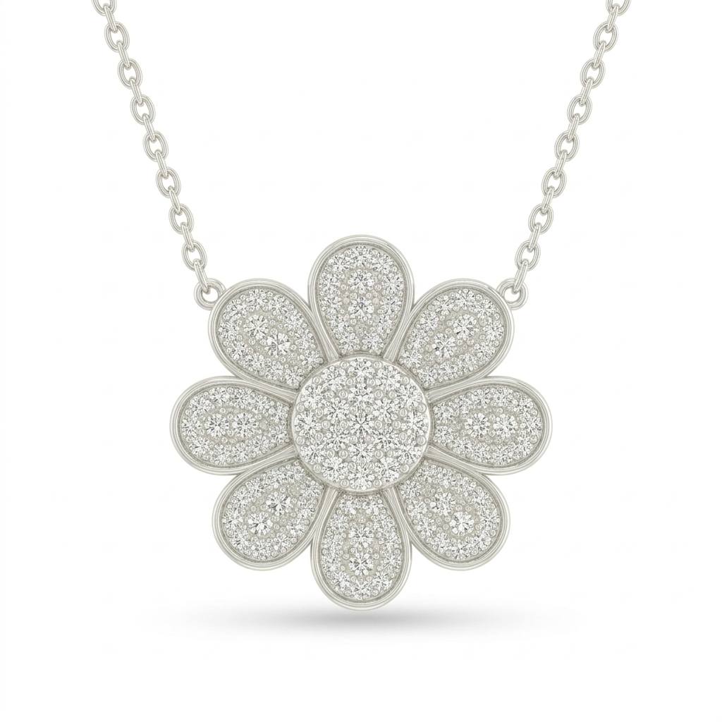 Silver Round Brilliant Luminara Diamond Lotus Flower Pendant Necklace With Pavé Setting