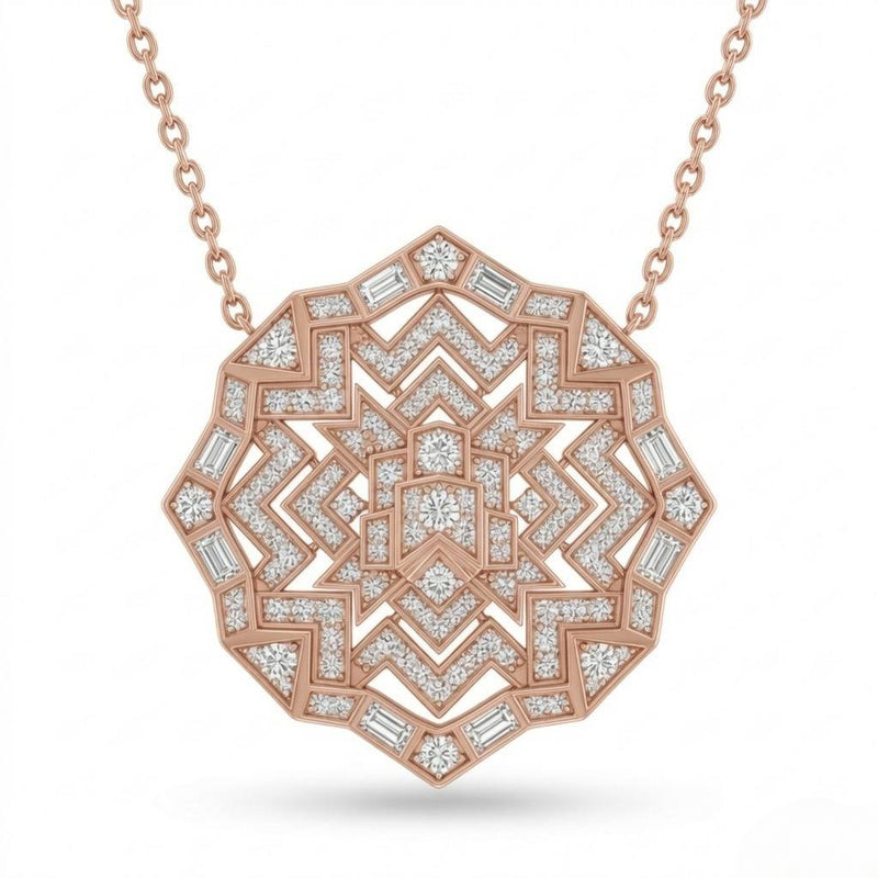 Rose Gold Mixed Cut Velarion Diamond Geometric Mandala Pendant Necklace With Pavé Setting