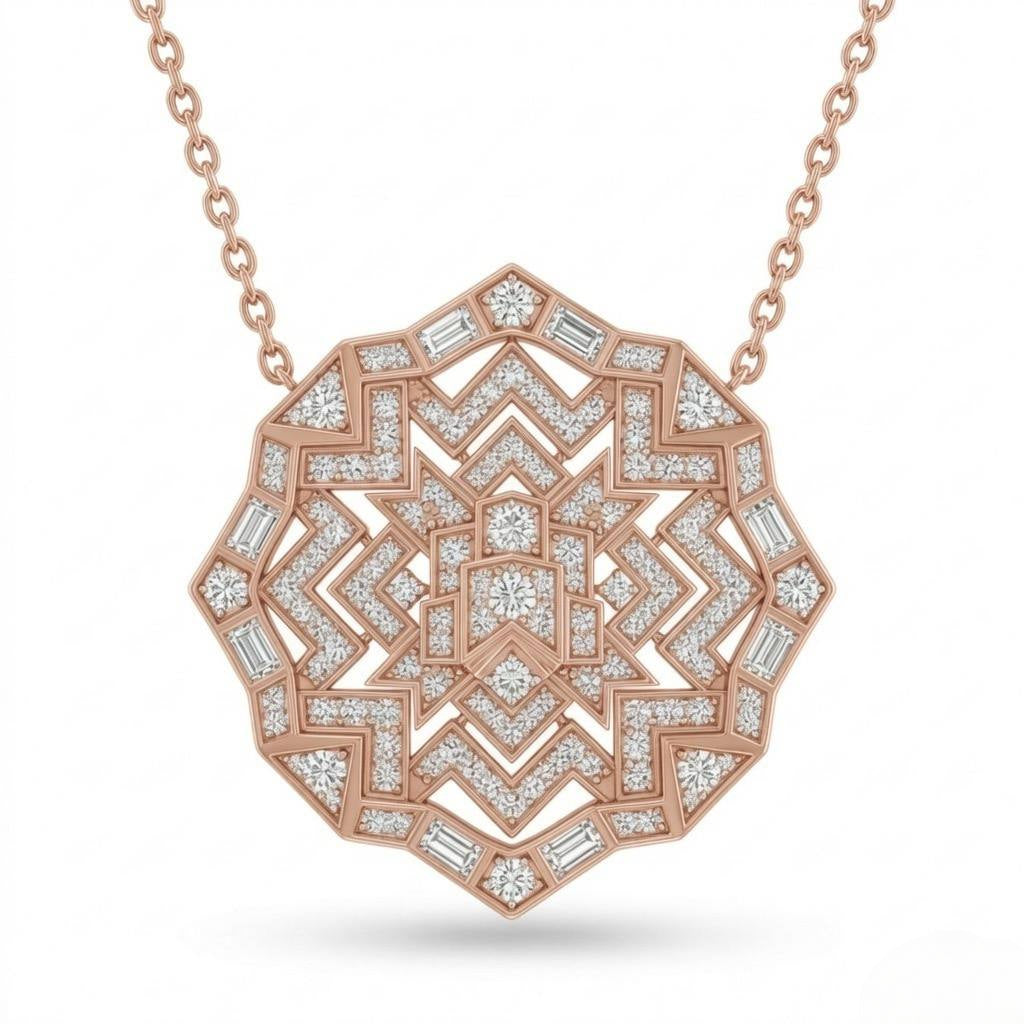 Rose Gold Mixed Cut Velarion Diamond Geometric Mandala Pendant Necklace With Pavé Setting