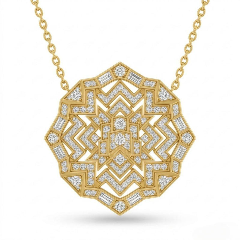 Yellow Gold Mixed Cut Velarion Diamond Geometric Mandala Pendant Necklace With Pavé Setting