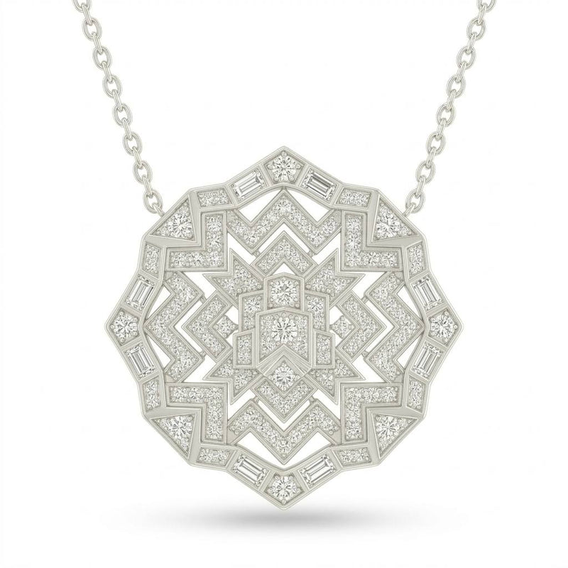 White Gold Mixed Cut Velarion Diamond Geometric Mandala Pendant Necklace With Pavé Setting
