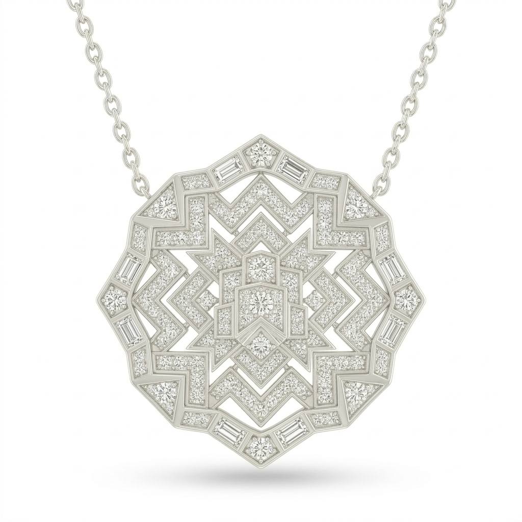 Silver Mixed Cut Velarion Diamond Geometric Mandala Pendant Necklace With Pavé Setting