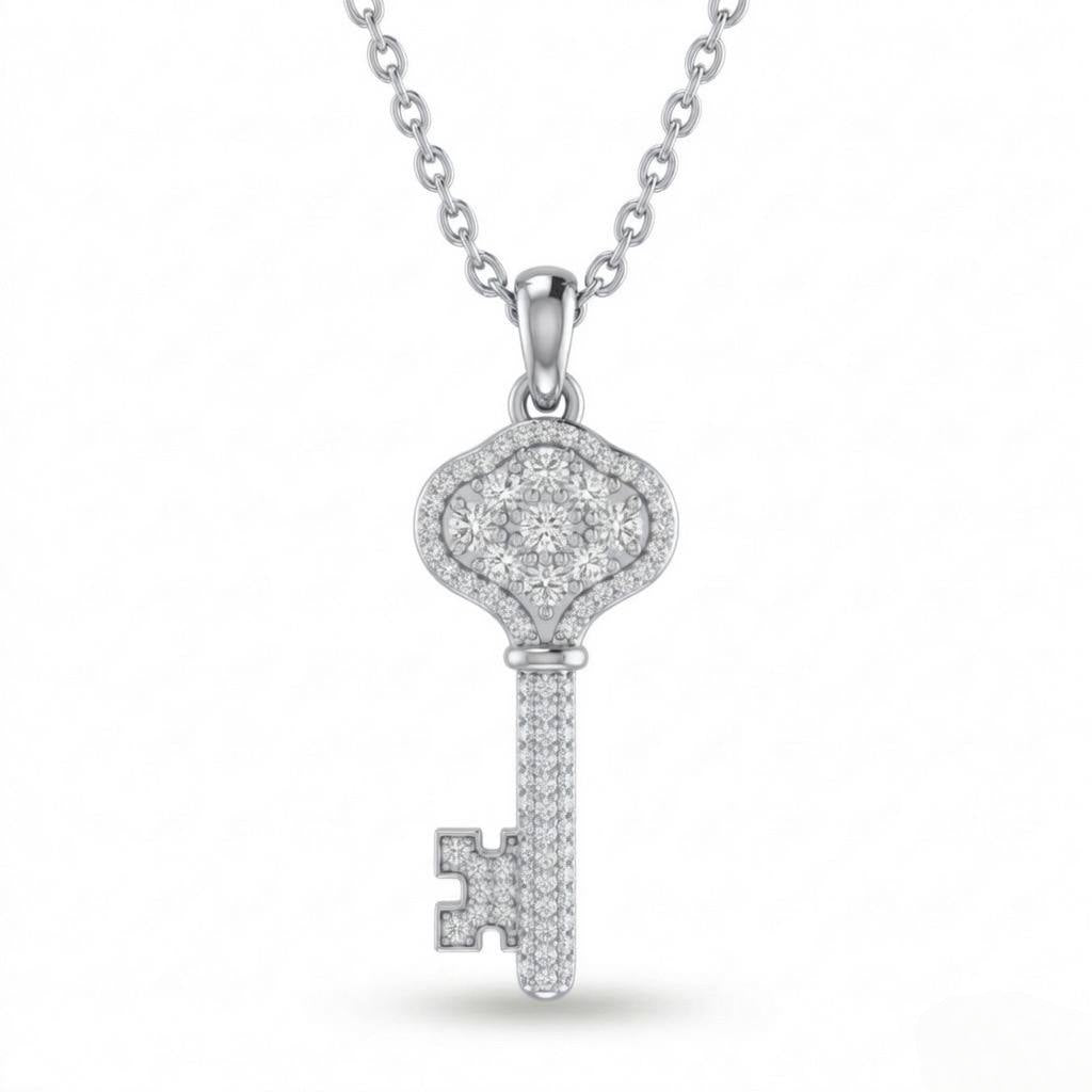 White Gold Royal Clavion Diamond Key Pendant Necklace With Pavé Setting