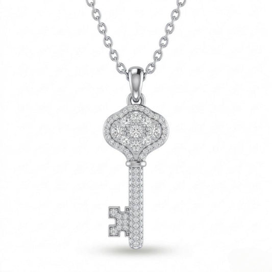 Silver Royal Clavion Diamond Key Pendant Necklace With Pavé Setting