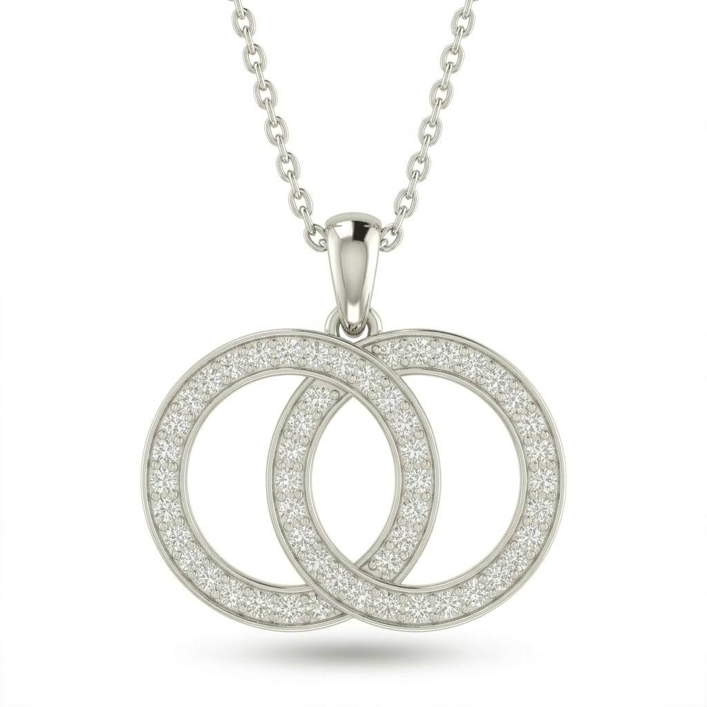 White Gold Interlock Aura Double Circle Diamond Pendant Necklace With Pavé Setting