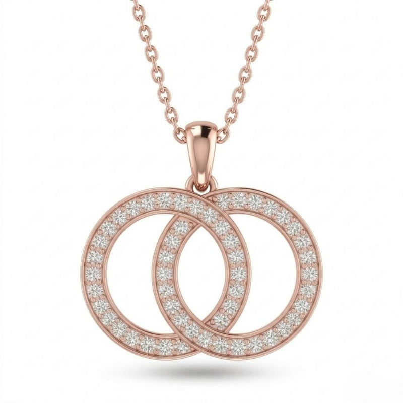 Rose Gold Interlock Aura Double Circle Diamond Pendant Necklace With Pavé Setting