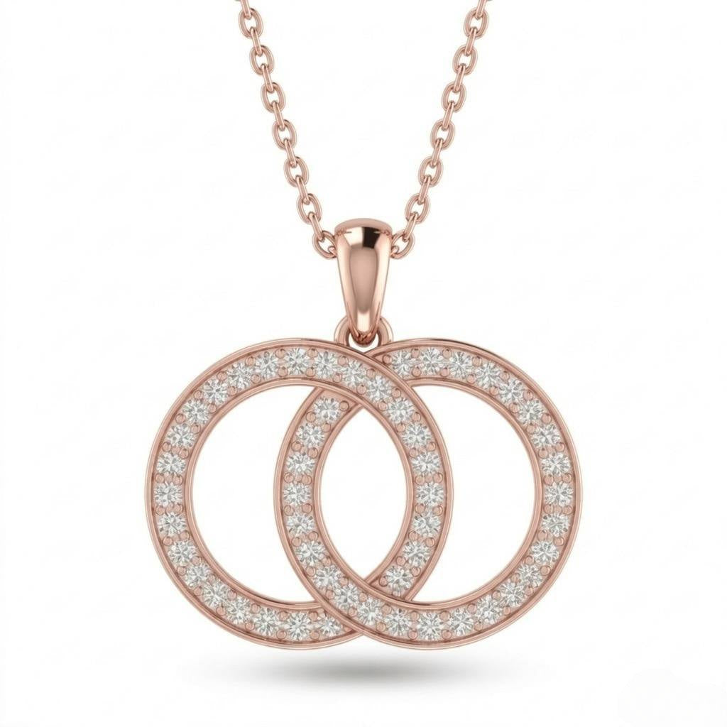 Rose Gold Interlock Aura Double Circle Diamond Pendant Necklace With Pavé Setting