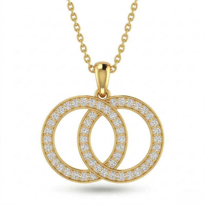 Yellow Gold Interlock Aura Double Circle Diamond Pendant Necklace With Pavé Setting