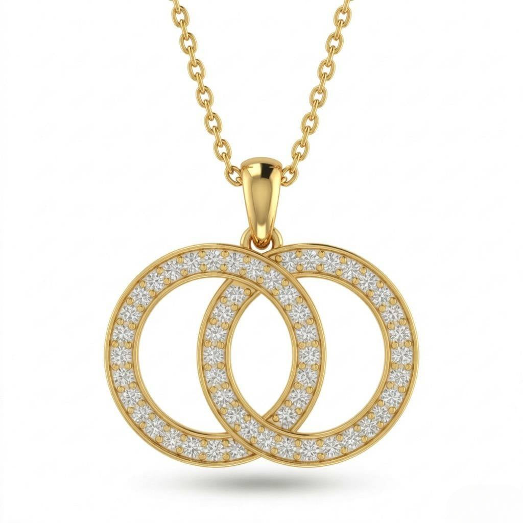 Yellow Gold Interlock Aura Double Circle Diamond Pendant Necklace With Pavé Setting