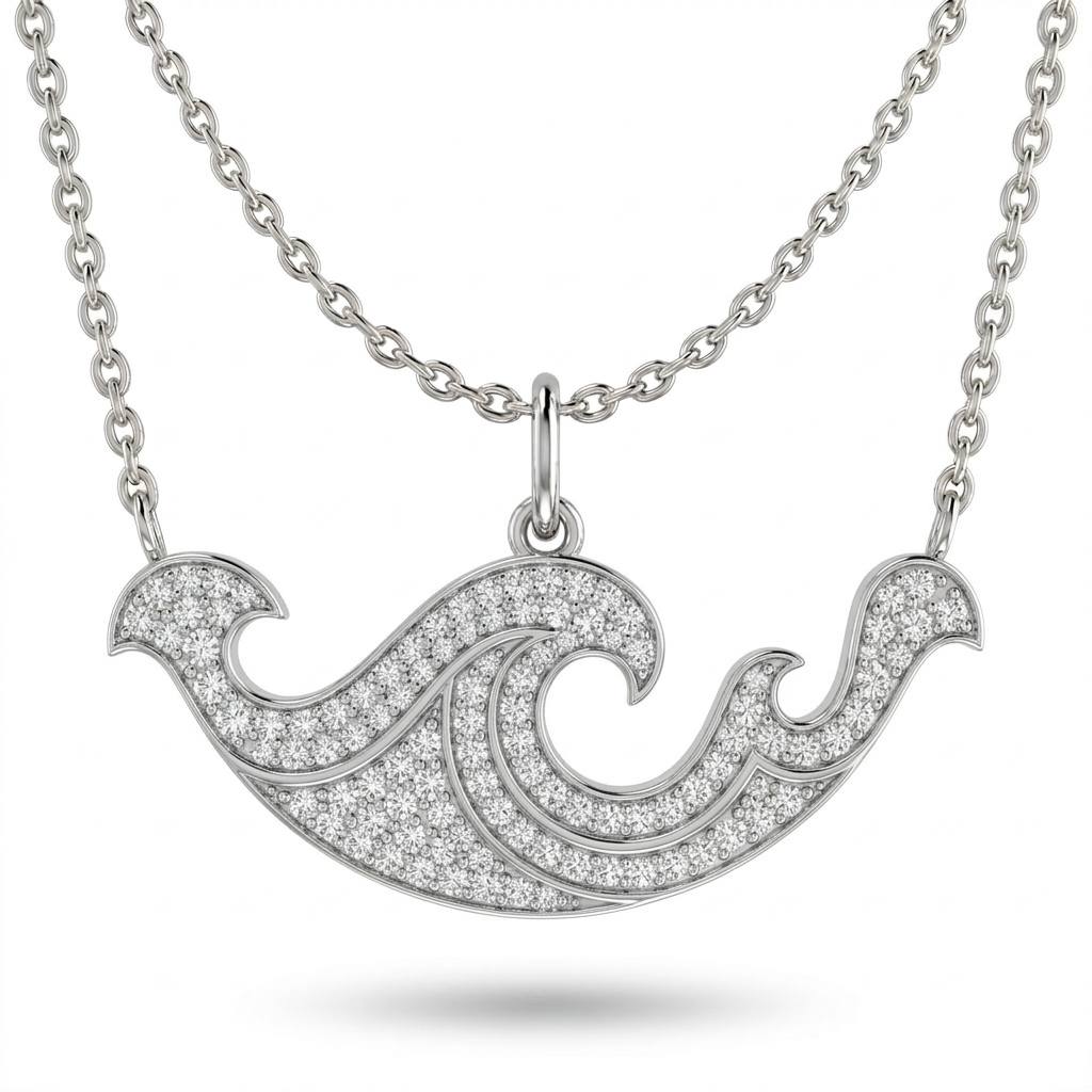 Silver Oceara Flow Pavé Diamond Wave Pendant Necklace