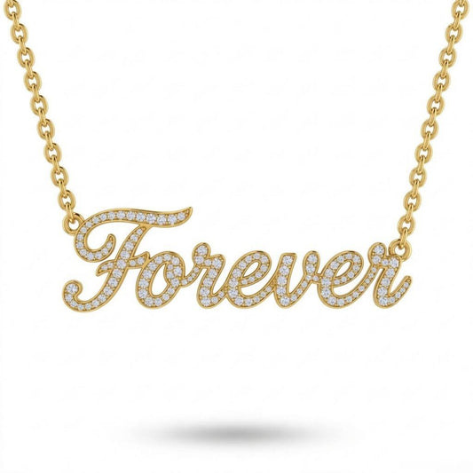 Yellow Gold Forever Script Pavé Diamond Name Pendant Necklace