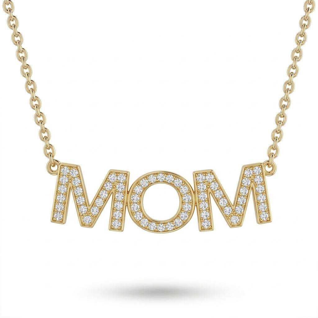 Yellow Gold Mom Identity Pavé Diamond Name Pendant Necklace
