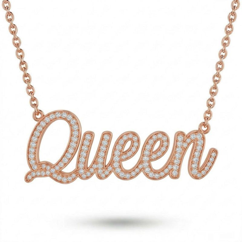 Rose Gold Queen Script Pavé Diamond Name Pendant Necklace