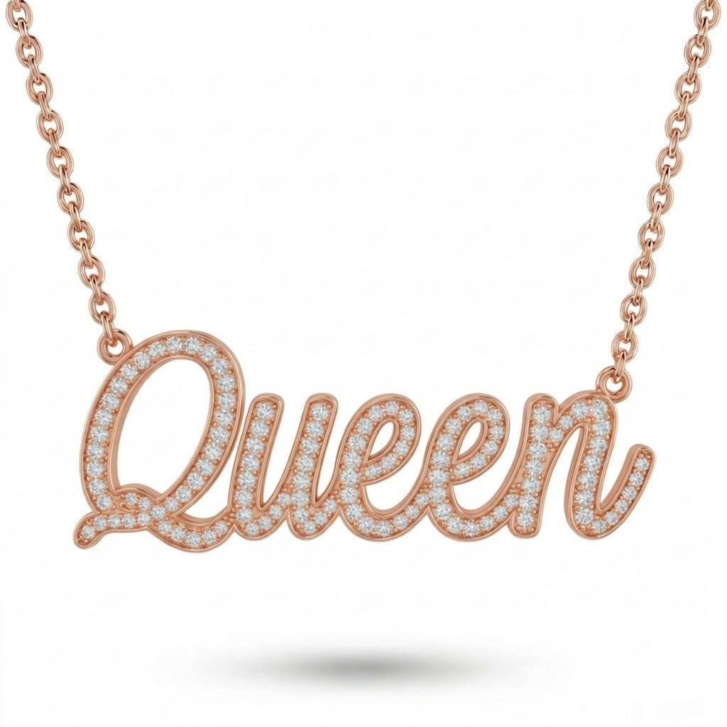Rose Gold Queen Script Pavé Diamond Name Pendant Necklace