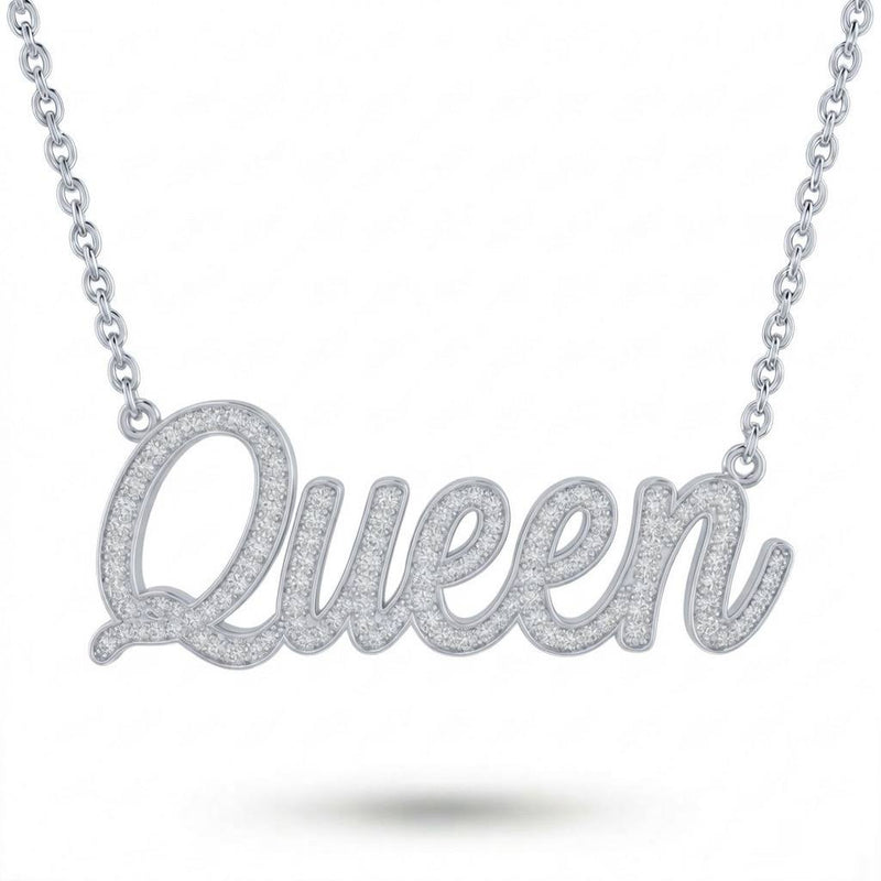 White Gold Queen Script Pavé Diamond Name Pendant Necklace
