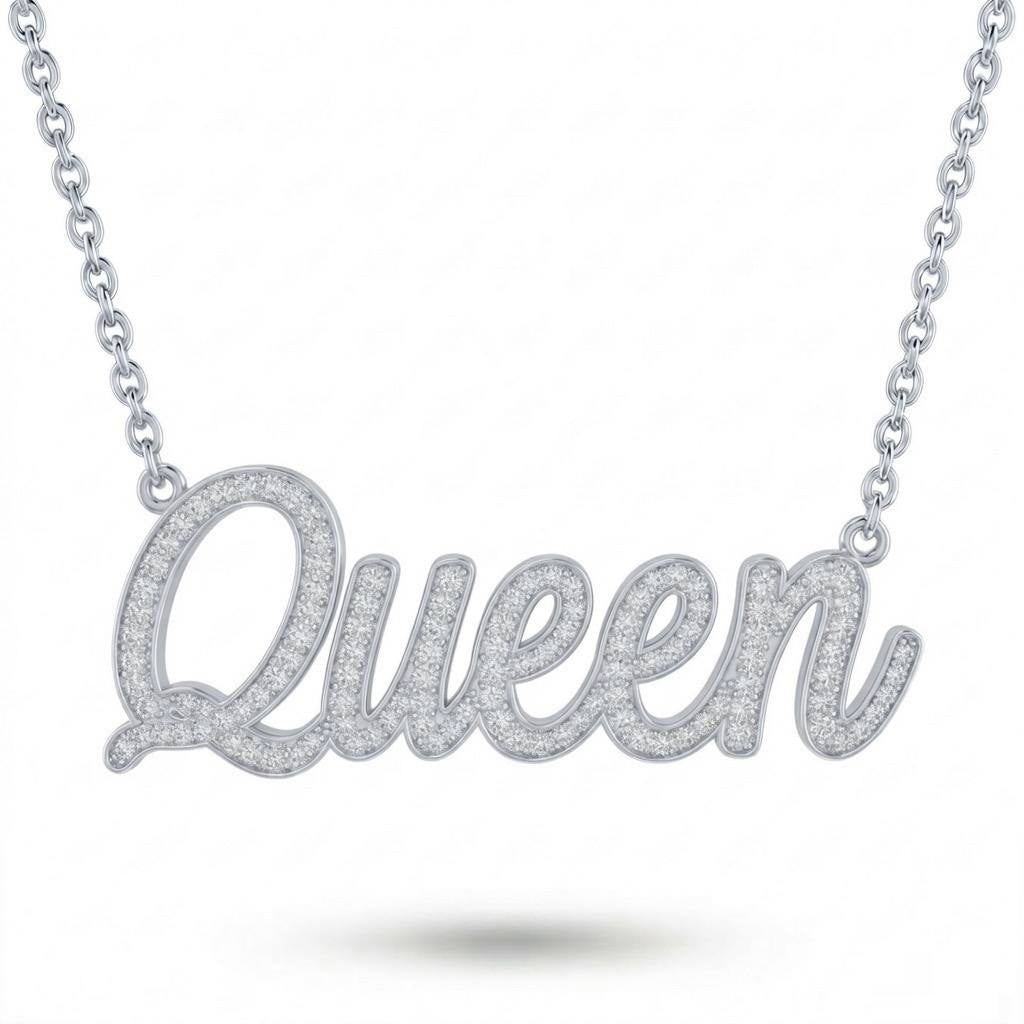 White Gold Queen Script Pavé Diamond Name Pendant Necklace