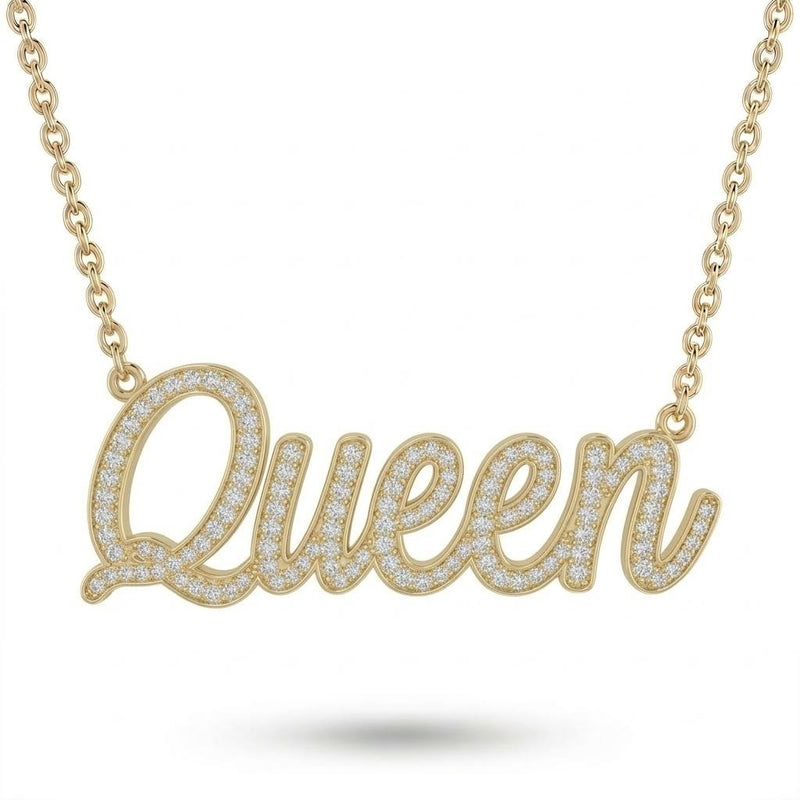 Yellow Gold Queen Script Pavé Diamond Name Pendant Necklace