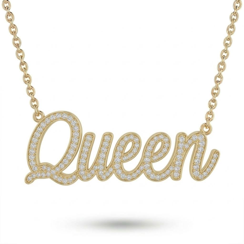 Yellow Gold Queen Script Pavé Diamond Name Pendant Necklace