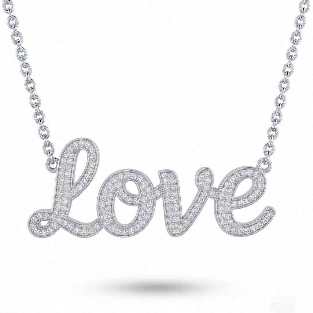 White Gold Love Script Pavé Diamond Name Pendant Necklace