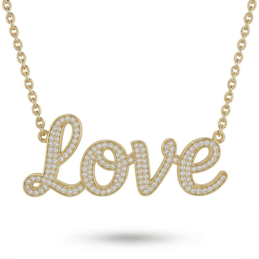 Yellow Gold Love Script Pavé Diamond Name Pendant Necklace