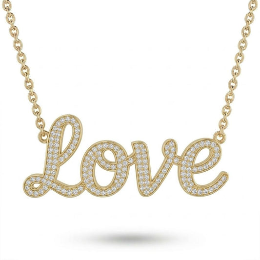 Yellow Gold Love Script Pavé Diamond Name Pendant Necklace