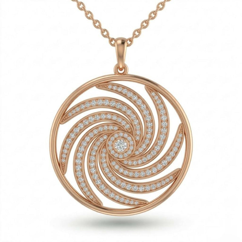 Rose Gold Spiral Swirl Pavé Diamond Round Pendant Necklace