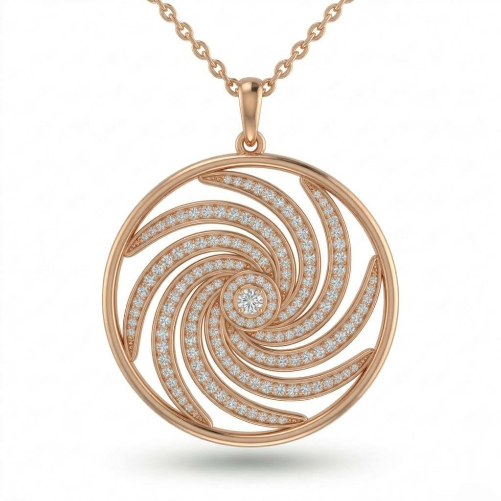 Rose Gold Spiral Swirl Pavé Diamond Round Pendant Necklace